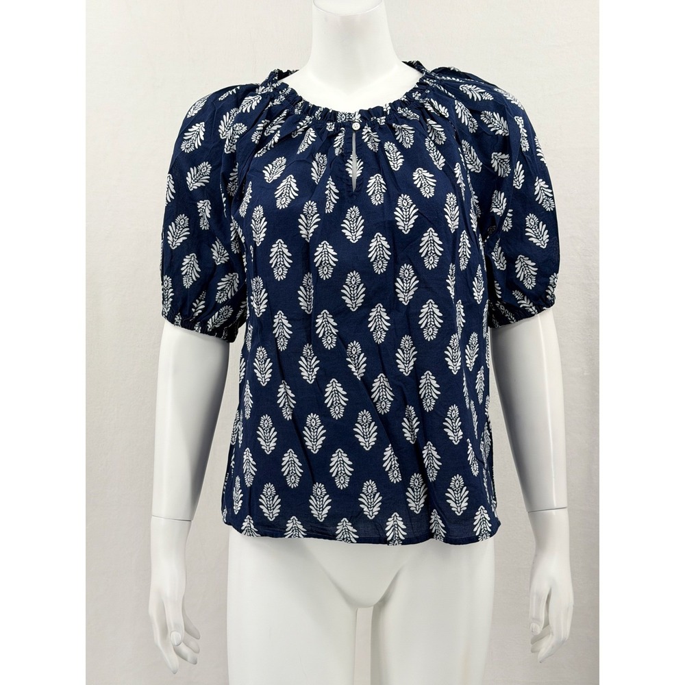 J Crew Top Womens Small Navy‎ Geometric Puff Sleeve Peasant Boho Cottage Cotton